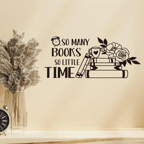 Vista 4 de Calcomanía de vinilo con texto en inglés «So Many Books So Little Time» para pared de lectura, citas, decoración para sala