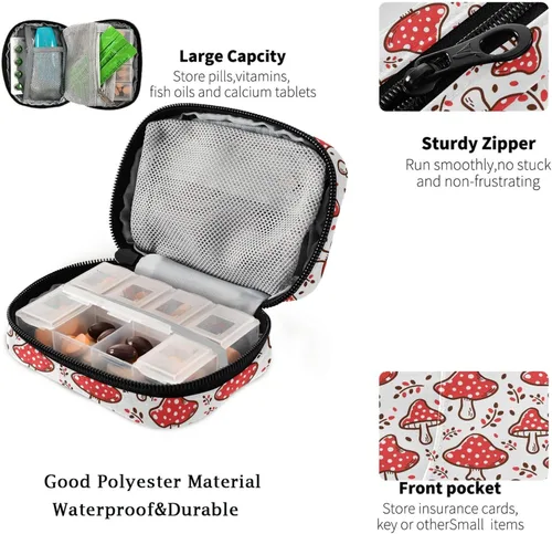 Vista 4 de Fustylead Organizador estético de píldoras de hongos rojos Amanita, bolsa de viaje, pequeño estuche portátil para píldoras para vitaminas y aceite