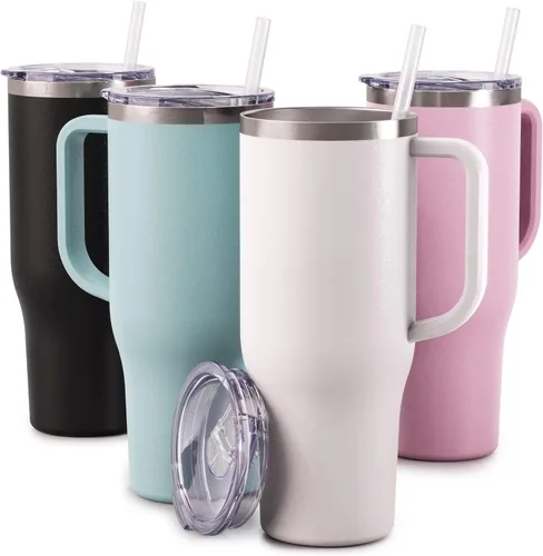 Vista 10 de Maars Charger - Taza de viaje aislada de 40 onzas con asa, vaso de acero inoxidable sellado al vacío de doble pared con popote y tapa, ónix blanco