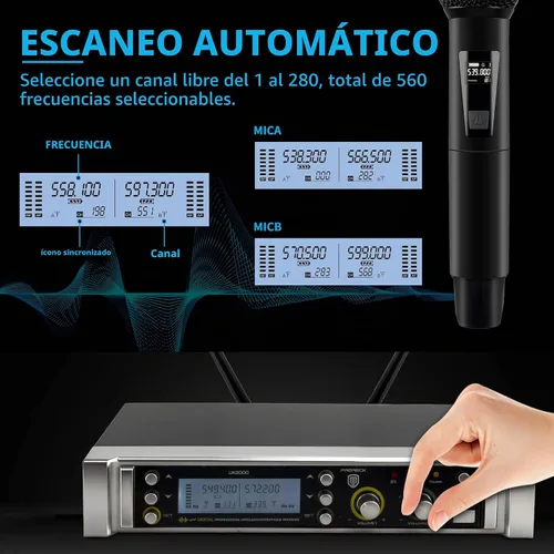Vista 3 de PRORECK UK-2000 UHF Sistema de micrófono inalámbrico de 2 canales con dos micrófonos de mano, rango de frecuencia seleccionable 560, perfecto