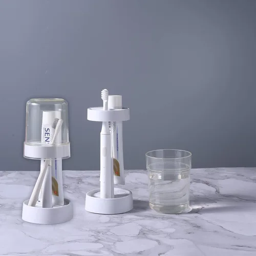 Vista 3 de El soporte para cepillos de dientes con taza/cubierta contiene 2 ranuras, compatible con cepillos de dientes eléctricos y cepillos de dientes