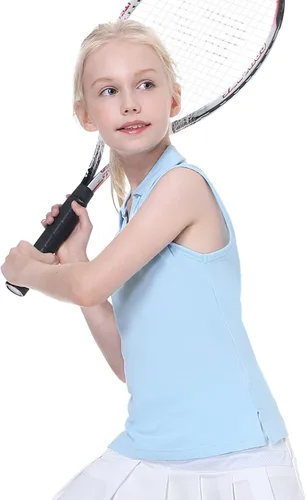 Vista 2 de EXARUS Camisetas polo de golf para niñas, sin mangas, cuello en V, tenis, atléticas, para ejercicio escolar de 5 a 12 años