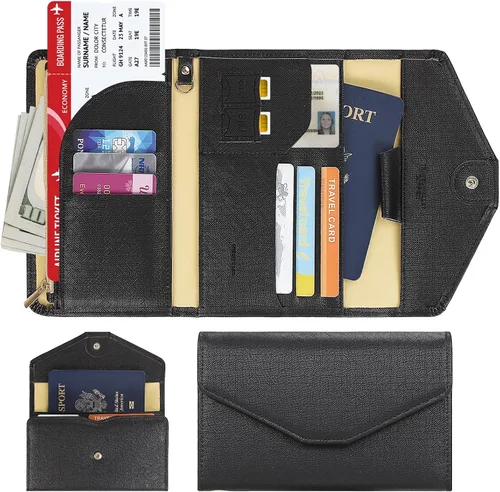 Vista 26 de Zoppen - Billetera de viaje con bloqueo RFID multiusos (Ver.4) Portatarjetas de pasaporte y vacunas, organizador de documentos de tres pliegues