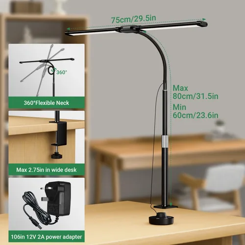 Vista 7 de LED Desk Lamp with Clamp, 23.5-31.5 Inches, Black 24W, 75 Lighting Modes, Flexible Neck Design, Telescopic Height, For Home Office Study Work