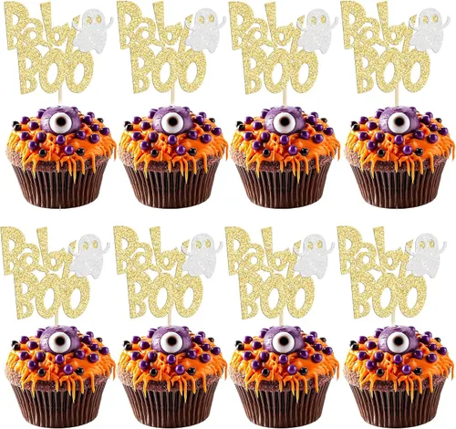 Vista 25 de Ephlyn 24 adornos negros para tartas de Halloween con purpurina fantasma Negro Halloween
