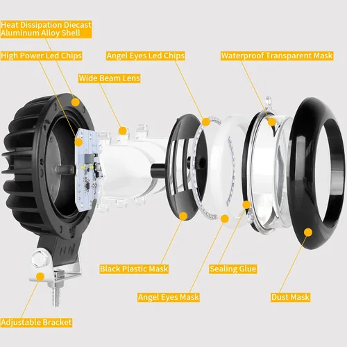 Vista 4 de Luz Antiniebla Redonda de 5 Pulgadas 30W Pods LED Blancos Haz de Inundación Para Automóvil 4x4 Todoterreno Camión 12V 24V LED Ojos de Ángel Ámbar