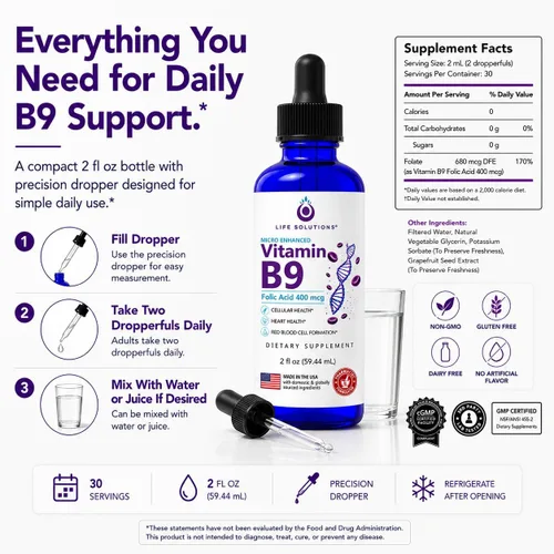 Vista 7 de Life Solutions - Gotas líquidas de vitamina B9, ácido fólico 400 mcg, 2 onzas líquidas 400 mcg de ácido fólico por porción en convenientes gotas