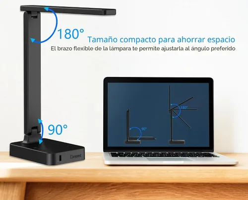 Vista 6 de Drevet Lámpara LED de escritorio para dormitorio universitario, luz de escritorio con 1 puerto de carga USB, 2 tomas de corriente CA, 3 modos