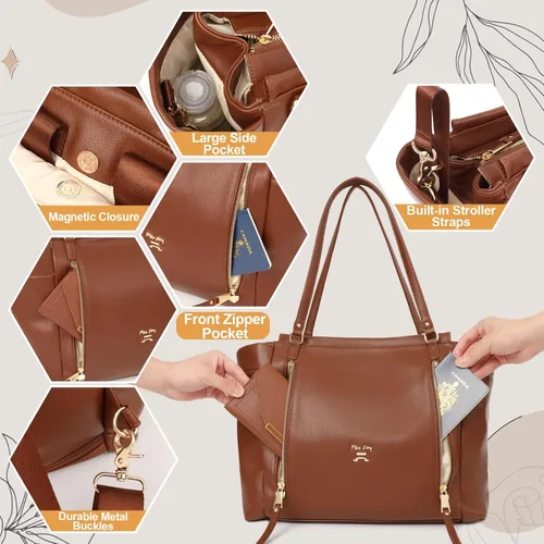 Vista 5 de miss fong Mochila para pañales de bebé, bolsa de pañales de cuero, bolsa de pañales con cambiador, correas para cochecito y 2 bolsillos aislados