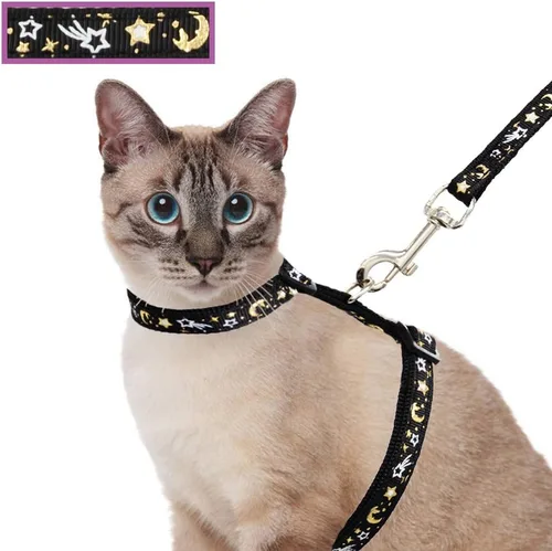 Vista 6 de Juego de arnés y correa para gatos para caminar al aire libre, a prueba de escape, correa de seguridad suave ajustable con diseño de estrella dorada