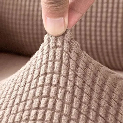 Vista 2 de Juego de 2 fundas elásticas para reposabrazos de jacquard, fundas para reposabrazos a cuadros pequeños, fundas para reposabrazos lavables y Camel