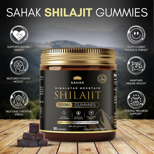 Vista 6 de SAHAK Gomitas Shilajit, fuerza del Himalaya y apoyo energético para hombres y mujeres con Ashwagandha KSM-66, miel de manuka MGO y más de 85