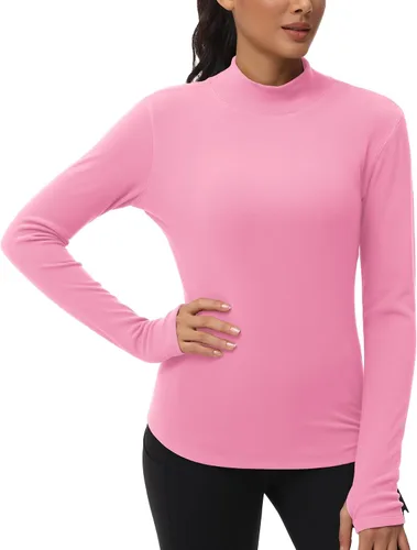 Vista 8 de THE GYM PEOPLE Camisas de forro polar de cuello alto falso de capa base, camisetas de entrenamiento de manga larga con agujero para el pulgar