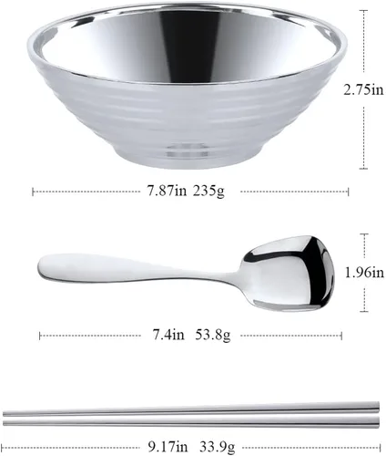 Vista 2 de Juego de tazones de sopa de fideos japoneses para ramen, 2 juegos (8 pulgadas) plateados de doble capa de acero inoxidable 18/8 con palillos