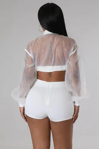 Vista 4 de Conjunto de 2 piezas para mujer, de malla transparente, manga larga, corta, con cremallera, para verano, vacaciones, club
