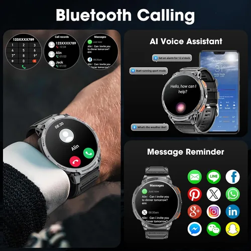Vista 7 de Reloj Inteligente Militar para Hombres Pantalla Táctil HD de 1.85" Batería de 730mAh Relojes Inteligentes con Linterna LED para Android iOS