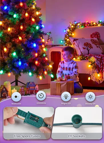 Vista 3 de Luces LED vintage C9 de Navidad para exteriores, luces de cadena C9 de 150 pies con 75 bombillas C9 irrompibles, luces comerciales impermeables