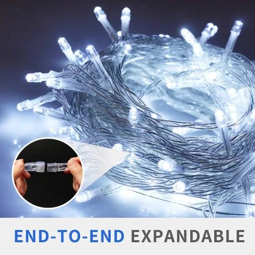 Vista 2 de Tira de luces de Navidad, 33 pies, 100 luces LED blancas para árbol de Navidad, tira de luces conectables para interiores, cable transparente, 8