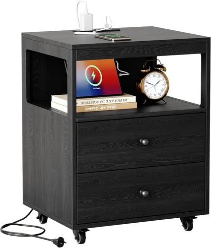 Vista 10 de Mesa auxiliar estrecha con estación de carga y ruedas, mesa auxiliar de sofá estrecha móvil con puertos USB y salidas para espacio pequeño, sala
