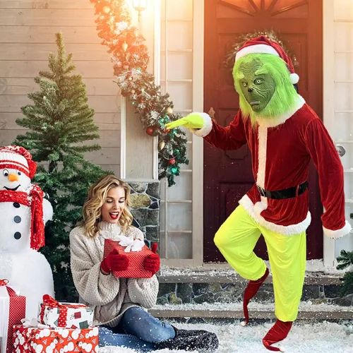 Vista 2 de Christmas Green Big Monster Costume7Pcs Adult Santa Suit for Men WomenFunny Santa Outfit with Mask
