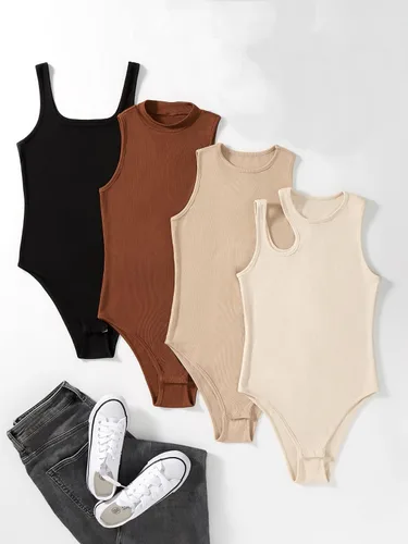 Vista 2 de Milumia Body de 4 piezas para mujer acanalado sin mangas cuello redondo color liso básico