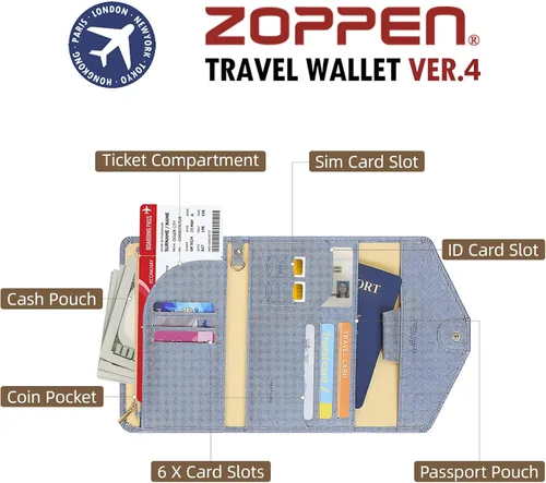 Vista 166 de Zoppen - Billetera de viaje con bloqueo RFID multiusos (Ver.4) Portatarjetas de pasaporte y vacunas, organizador de documentos de tres pliegues