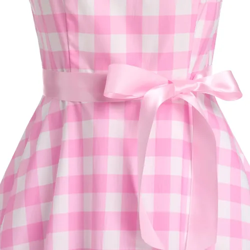Vista 5 de Vestido vintage de cuadros rosa para mujer, vestido vintage de los años 50, vestido de cóctel de fiesta de los años 50, retro con tirantes delgados