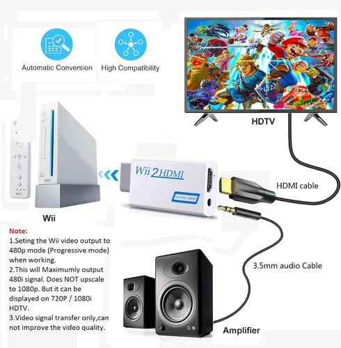 Vista 3 de Convertidor Wii a HDMI, Wii2 a HDMI para salida de audio de video HD con conector de audio de 0.138 in, compatible con todos los modos