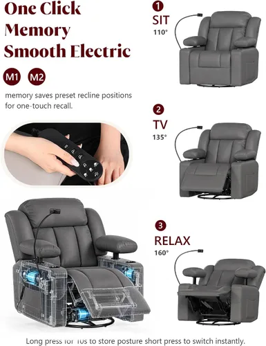 Vista 4 de Silla reclinable giratoria eléctrica con reposabrazos ajustables Gris