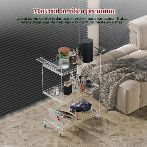 Vista 5 de Dethan Carrito de barra de acrílico – Carrito de servicio transparente de 3 niveles con ruedas bloqueables, moderno carrito de bar transparente