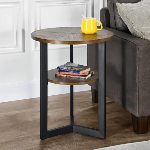 Vista 3 de Mesa auxiliar redonda pequeña con estante de almacenamiento, sofá circular de madera maciza con patas laterales de metal, mesa de teléfono de 2