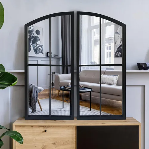 Vista 5 de Espejo de Arco Negro, Decoración de Pared con Panel de Ventana, Espejos de Pared de Estilo Rústico con Marco de Hierro para Entrada, Pasillo, Sala