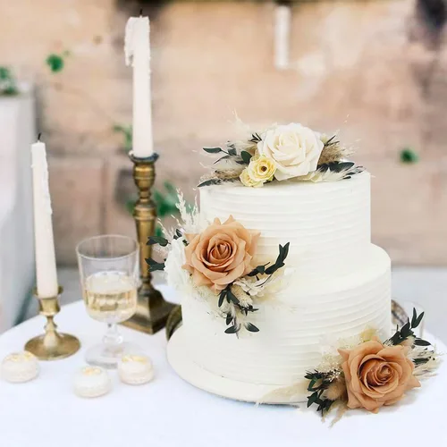 Vista 2 de Rinlong 3Pcs Premade Cake Flowers, Pampas Beige Wedding Cake Decor Beige y almendra