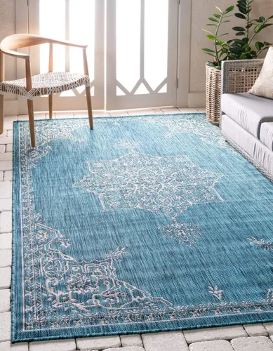 Vista 15 de Unique Loom Alfombra de la colección tradicional para exteriores, antigua (4 pies 1 pulgada, redonda, verde azulado/gris)
