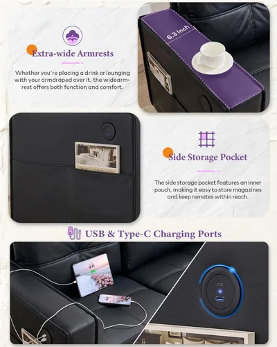 Vista 7 de Sofá seccional de cuero sintético negro, juego de sofá de 3 piezas para TYBOATLE Sofá modular convertible de cuero, cómodo mueble de 3 piezas
