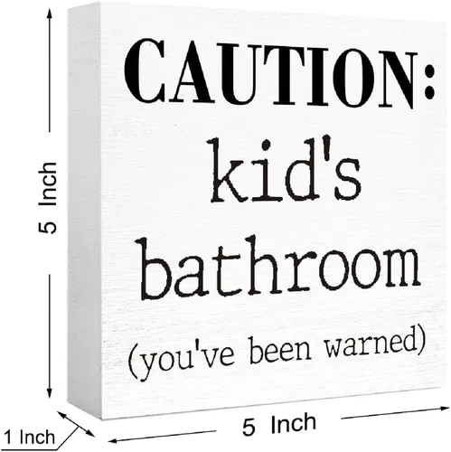 Vista 2 de Letrero de madera para baño de niños, divertido letrero de madera de precaución para el baño de niños, estante de baño, estantes de baño, decoración