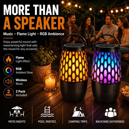 Vista 2 de Outdoor Bluetooth Speakers with Flame & RGB Lights, IPX6 Waterproof, 2 Pack