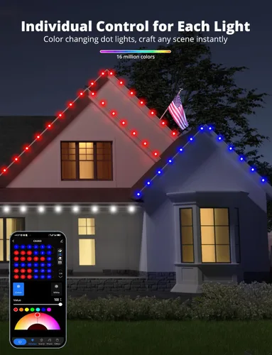 Vista 2 de Luces de exterior permanentes de 50 pies con 45 LED, luces de cadena LED RGB para exteriores que cambian de color con 60 lm de luz blanca cálida