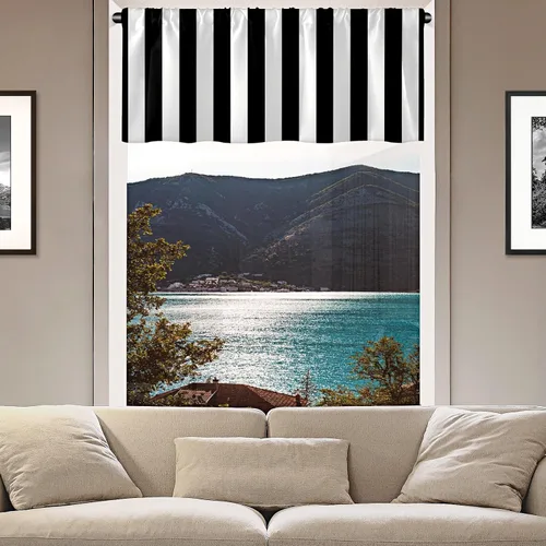 Vista 7 de Cortina de cocina con diseño de rayas verticales blancas y negras, cortinas opacas para baño, sala de estar, ventana, 14 x 52 pulgadas Rayas blancas
