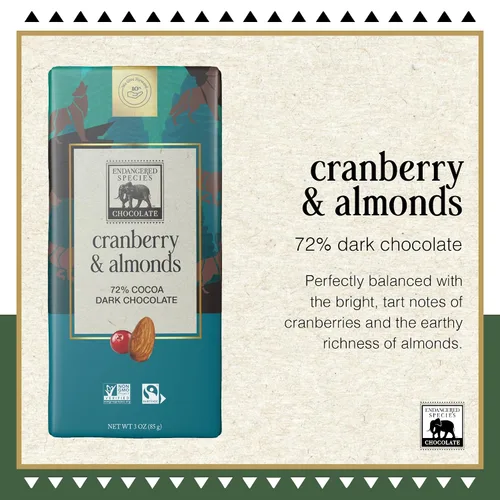 Vista 3 de Barra de chocolate negro de especies en peligro de extinción con arándanos y almendras (72% de cacao)