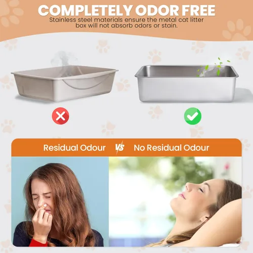 Vista 4 de Caja de arena para gatos de acero inoxidable con lados altos, nunca absorbe olores, manchas ni se oxida, superficie lisa antiadherente para gatos