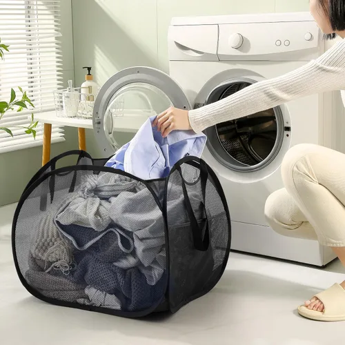 Vista 2 de TECHMILLY Cesta plegable de malla con asas fuertes, cesta de ropa de gran apertura con bolsillos laterales, cestas de almacenamiento para Blanco