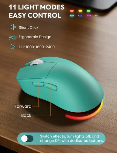 Vista 7 de Combo de teclado y mouse inalámbricos: teclado retroiluminado con reposamuñecas magnético y soporte para teléfono, teclas redondas iluminadas, juego