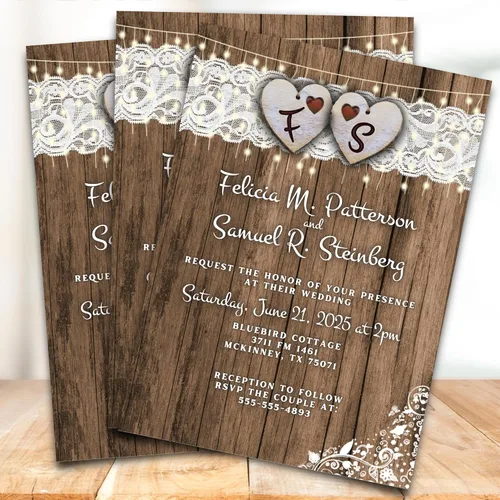 Vista 9 de Cantidad de 25 invitaciones de boda País Corazón y sobres de encaje impreso con texto blanco