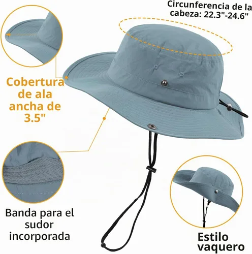 Vista 4 de Sombrero de lluvia impermeable de ala ancha para mujeres y hombres UPF50+ Gris azul