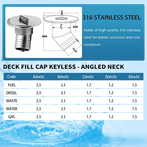 Vista 7 de SHENGHUISS Boat Water/Diesel/Gas/Fuel Deck Fill/Filler 1-1/2 Inch(38mm) with Keyless Cap 316 Stainless Steel Boat Deck Hardware for Boat, Yacht