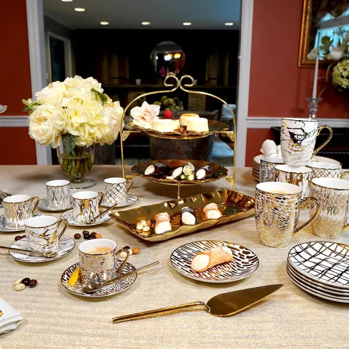 Vista 2 de Juego de Tazas de Café y Té de Porcelana Matrix Gold – Porcelana Fina Premium con Elegante Acabado Chapado en Oro, Vajilla de Lujo para Comidas