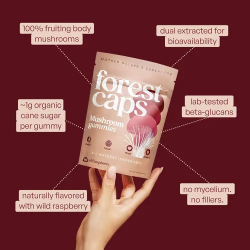 Vista 2 de Forest Caps Gomitas de hongos – Melena de León, Reishi y Cordyceps – Enfoque, calma y energía natural – Extractos corporales frutales orgánicos