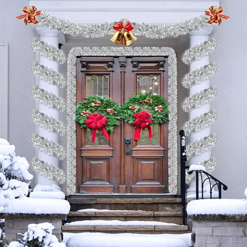Vista 7 de Guirnalda de oropel plateado de 50 pies para decoraciones de árbol de Navidad, guirnalda metálica brillante con torsión colgante para Navidad