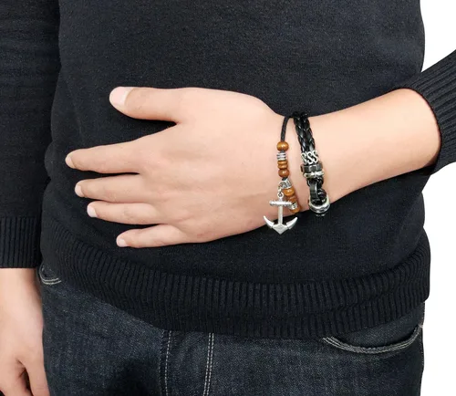 Vista 36 de Suyi brazalete ajustable con varias capas, de cuero tejido trenzado con cruz. Pulsera tipo esclava.